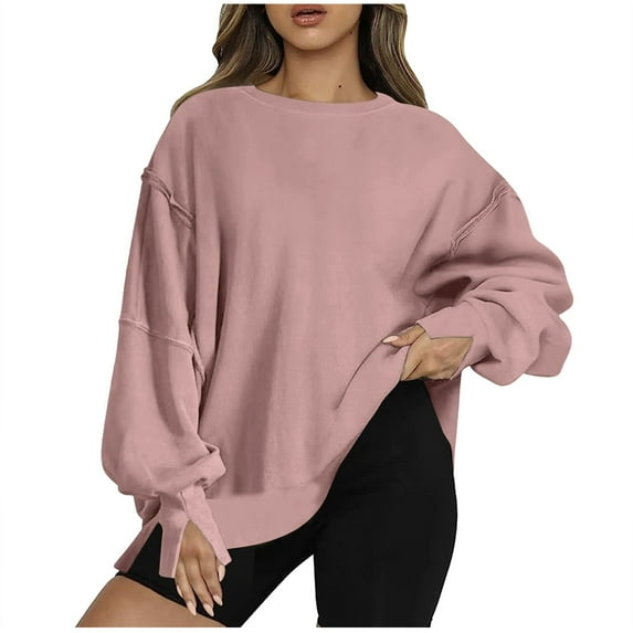 Womens Oversized Plain Sweatshirts Fleece Lined Crew Neck Pullover Sweaters Casual Comfy Fall Fashion Clothes 2024 (Medium, Pink 01)