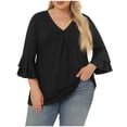thumbnail image 1 of Womens Oversized Plus Size Tops, Chiffon Blouses for Women Summer Lightweight Casual Solid Color Ruffle Short Sleeve V Neck T Shirts, 1 of 7
