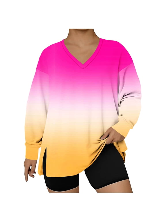 Womens Oversized Plus Size Tops, Long Sleeve Pullover for Women Fall Fashion Loose Fit Ombre Tie Dye Side Slit V Neck Sweatshirts