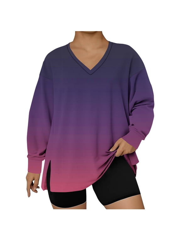 Womens Oversized Plus Size Tops, Long Sleeve Pullover for Women Fall Fashion Loose Fit Ombre Tie Dye Side Slit V Neck Sweatshirts