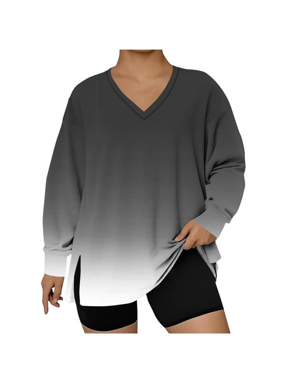 Womens Oversized Plus Size Tops, Long Sleeve Pullover for Women Fall Fashion Loose Fit Ombre Tie Dye Side Slit V Neck Sweatshirts