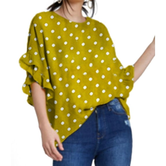 Womens Oversized Polka Dot Dolman Ruffle Cap Sleeve -Lime White