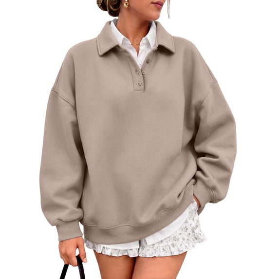 Womens Oversized Polo Sweatshirts Fleece Quarter Button-Down V Neck Fall Hoodies Back To School Winter Clothing M