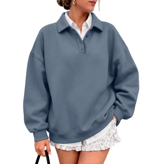 Womens Oversized Polo Sweatshirts Fleece Quarter Button-Down V Neck Fall Hoodies Back To School Winter Clothing S