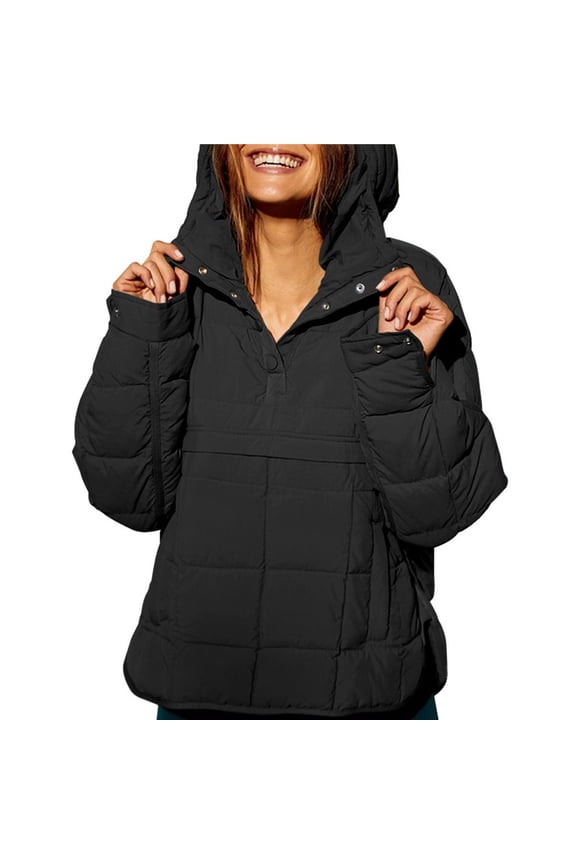 Womens Oversized Puffer Jacket Quilted Dolman Hoodies Pullover Long Sleeve Warm Tops Coat Black XL