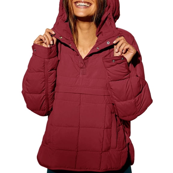 Womens Oversized Puffer Jacket Quilted Dolman Hoodies Pullover Long Sleeve Warm Tops Coat Wine Red L