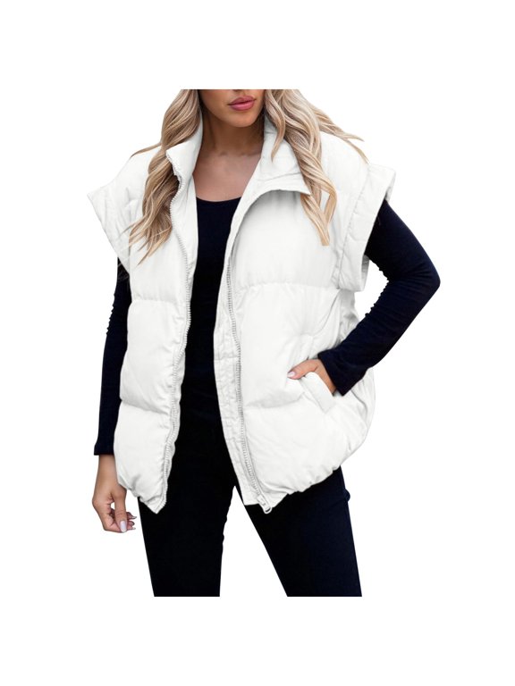 Womens Oversized Puffer Vest Cap Sleeve Stand Collar Full Zip Bubble Puffy Jackets Quilted Padded Warm Coat Outwear