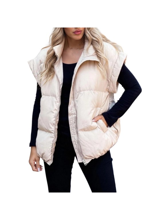Womens Oversized Puffer Vest Cap Sleeve Stand Collar Full Zip Bubble Puffy Jackets Quilted Padded Warm Coat Outwear