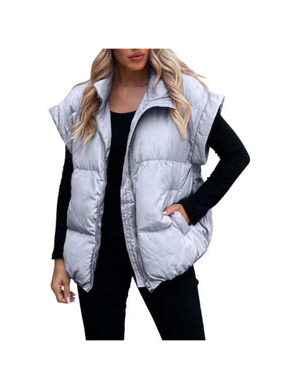 Womens Oversized Puffer Vest Cap Sleeve Stand Collar Full Zip Bubble Puffy Jackets Quilted Padded Warm Coat Outwear
