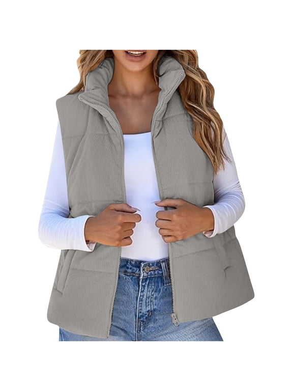 Womens Oversized Puffer Vest Stand Collar Full Zip Sleeveless Bubble Puffer Vest Quilted Padded Warm Coat Outwear with Pockets S-2XL