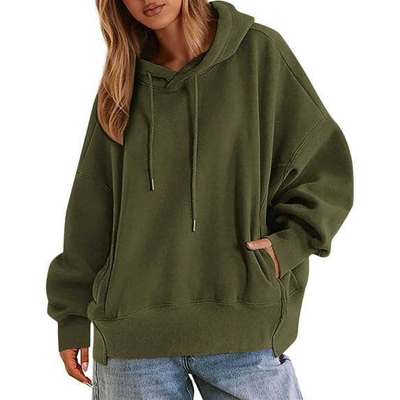 Womens Oversized Pullover Hoodies Asymmetrical Hem Hooded Sweatshirts Drop Shoulder Long Sleeve Pullover Tops with Pocket Fashion Solid Drawstring Hood Street Outfits