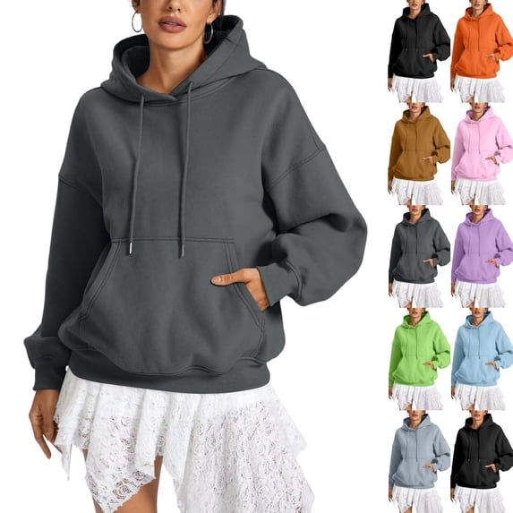 Womens Oversized Pullover Hoodies Long Sleeve Hooded Sweatshirts with Pocket Warm Trendy Casual Going‑Out Tops for Fall Winter Daily Outfits,XL,Dark Gray