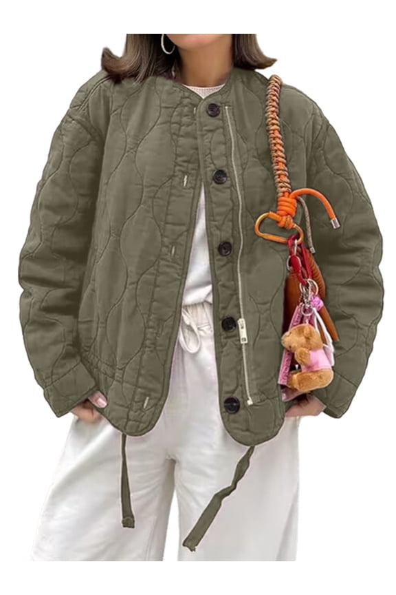 Womens Oversized Quilted Jacket Button Down Fall Winter Coats Puffer Padded with Pockets Army Green M