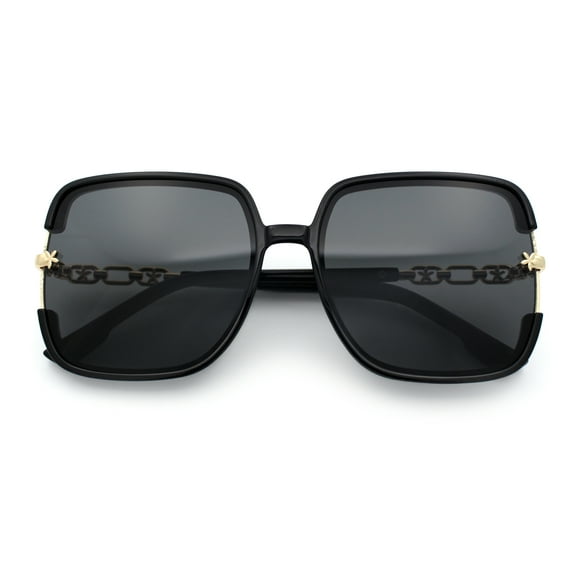 Womens Oversized Rectangle Floral Chain Arm Designer Fashion Sunglasses All Black