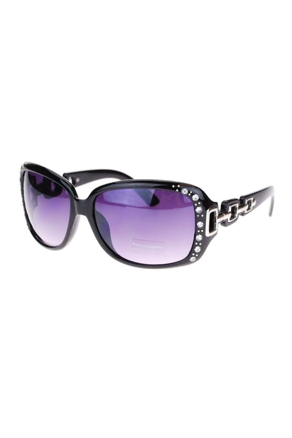 Womens Oversized Rectangular Rhinestone Encrusted Chain Arm Fashion Sunglasses All Black