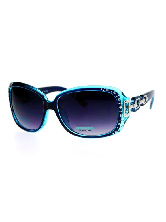 Womens Oversized Rectangular Rhinestone Encrusted Chain Arm Fashion Sunglasses Blue Frame - Gradient Smoke Lens