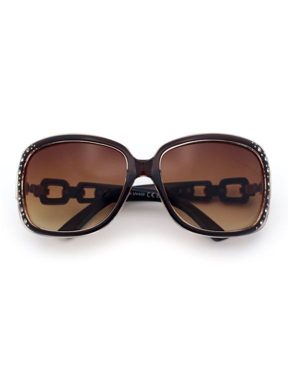 Womens Oversized Rectangular Rhinestone Encrusted Chain Arm Fashion Sunglasses Brown Frame - Gradient Brown Lens