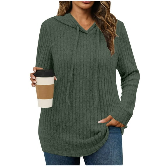 Womens Oversized Ribbed Knit Hoodie Pullover Long Sleeve Textured Hooded Sweatshirt Lightweight Solid Color Drawstring Sweater