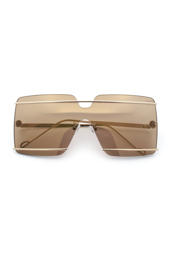 Womens Oversized Rimless Metal Bar Brow Line Designer Fashion Sunglasses Gold - Gold Mirror