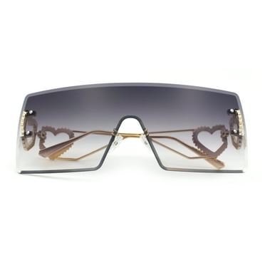 Womens Oversized Rimless Shield Luxury Heart Bling Jewel Hinge Sunglasses Gold - Smoke