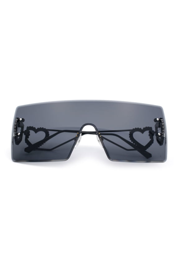 Womens Oversized Rimless Shield Luxury Heart Bling Jewel Hinge Sunglasses Gunmetal - Black