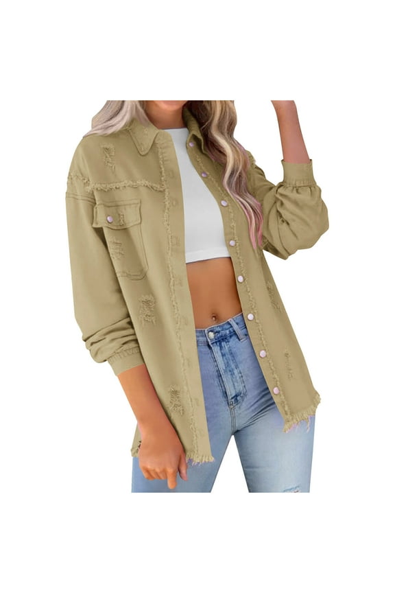 Womens Oversized Ripped Denim Jacket Classic Button Down Open Front Distressed Jeans Shirts 2025 Boyfriend Outerwear