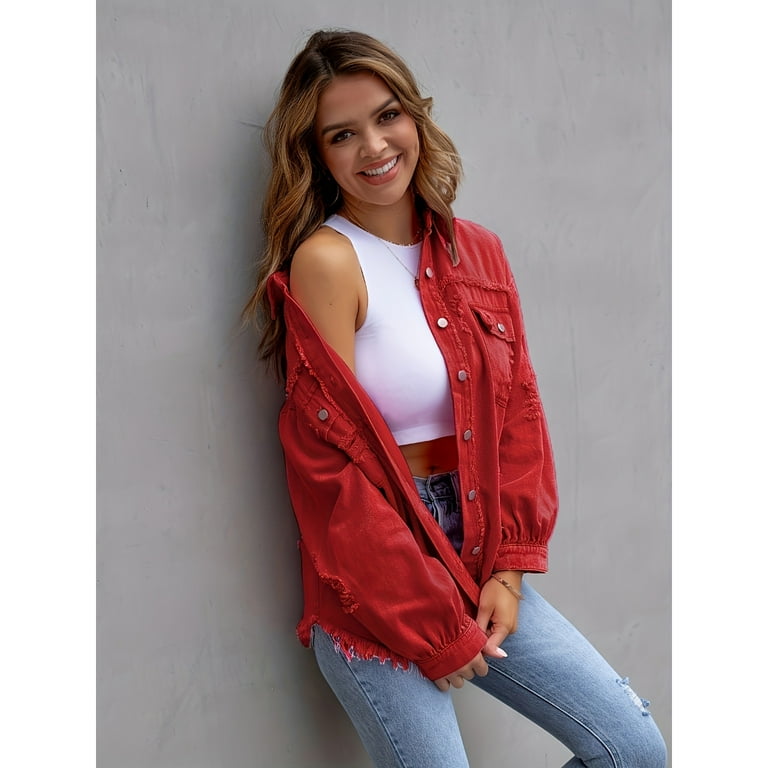 Red ripped denim jacket top