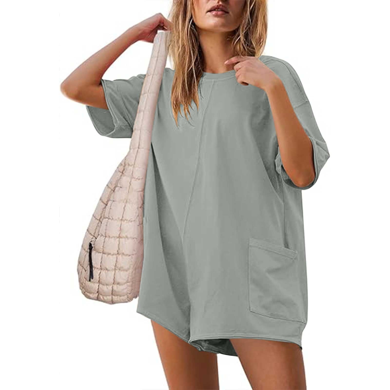 Womens Oversized Romper Shorts with Pockets Polyester Short Sleeve Crew Neck Workout Athletic Lounge Jumpsuits Large Gray