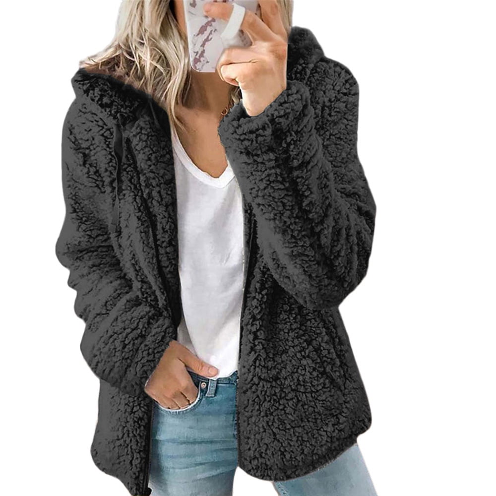 Oversized Sherpa Jacket Women's Warm Fuzzy Fleece Cute Teddy Bear Print  Hoodie Zip Up Faux Fur Pockets Sweater Coat, Black, Small : :  Clothing, Shoes & Accessories