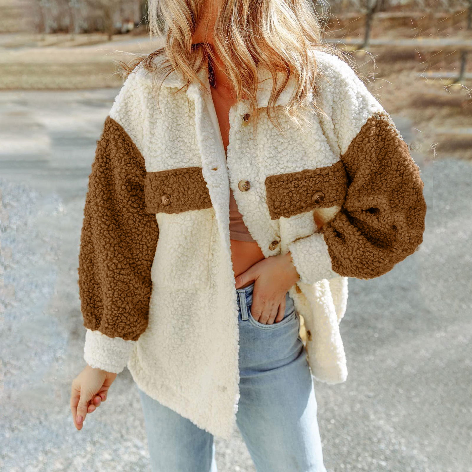 Womens Oversized Sherpa Jacket Fuzzy Fleece Long Sleeve Colorblock Jackets Coat Winter Warm