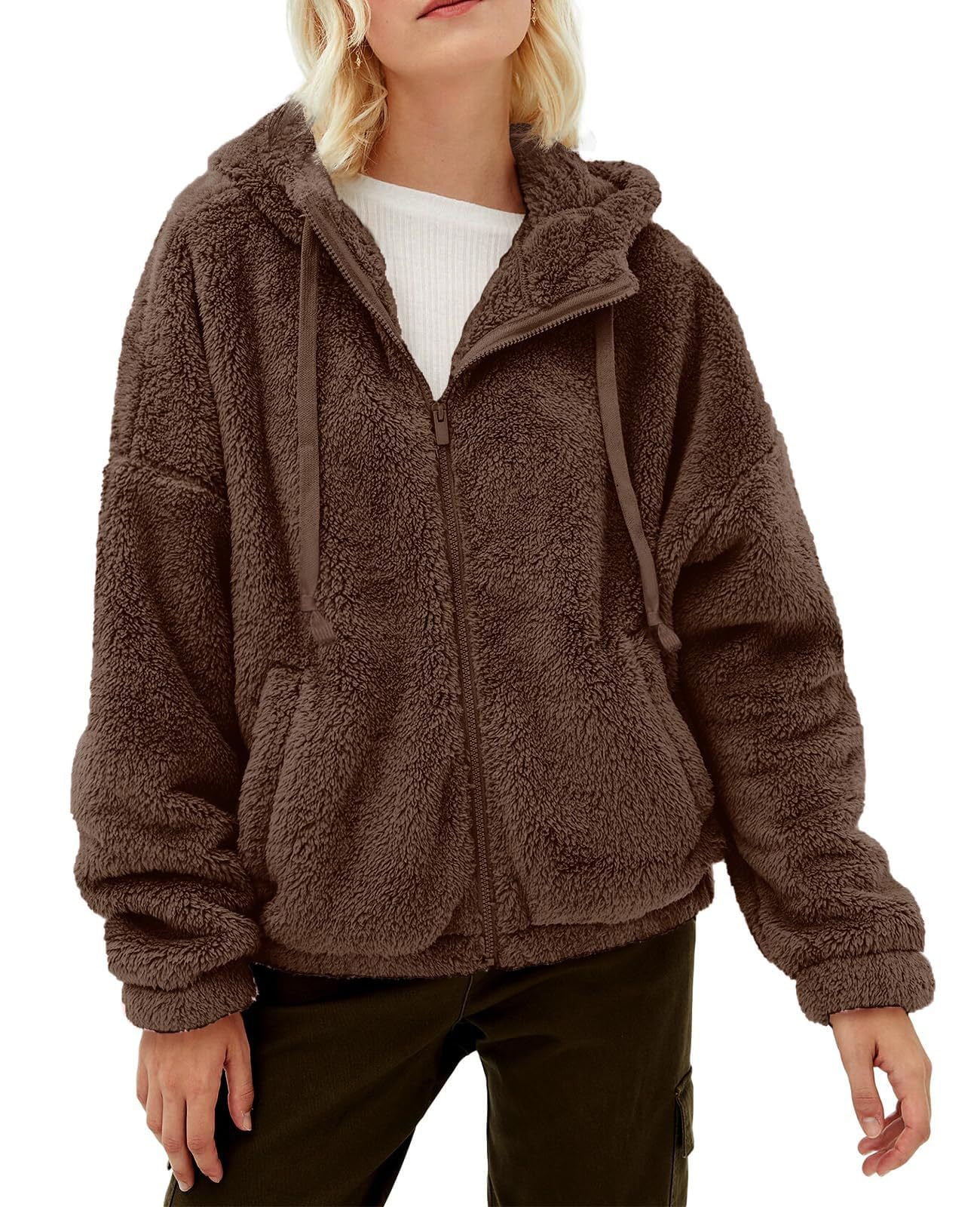 Womens Oversized Sherpa Jacket Fuzzy Fleece Teddy Coat Open Front Hooded Cardigan Winter Warm