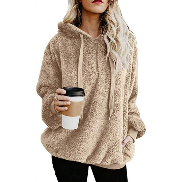 Womens Oversized Sherpa Pullover Hoodie with Pockets Fuzzy Fleece Sweatshirt  Buffalo Plaid Fluffy Coat,Khaki,M 