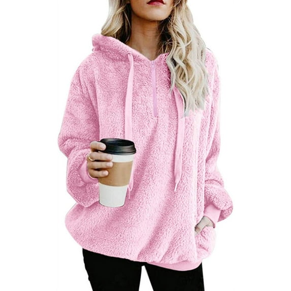 Womens Oversized Sherpa Pullover Hoodie with Pockets Fuzzy Fleece Sweatshirt Buffalo Plaid Fluffy Coat,Pink,S
