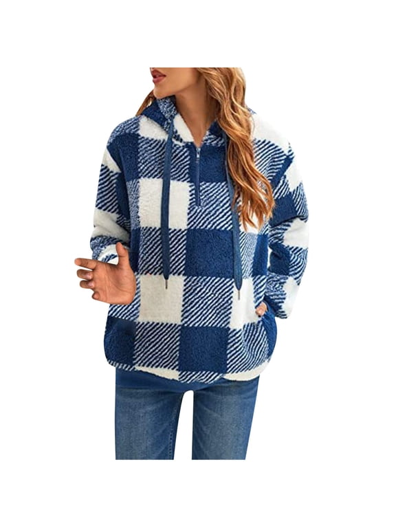 Womens Oversized Sherpa Pullover Hoodies 1/4 Zip Fuzzy Fleece Sweatshirt Plaid Fluffy Outerwear with Pockets