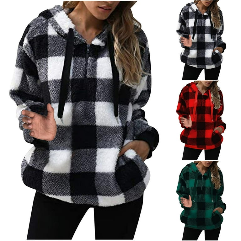 Womens Oversized Sherpa Pullover Hoodies 1 4 Zip Fuzzy Fleece Sweatshirt Plaid Fluffy Outerwear with Pockets Walmart