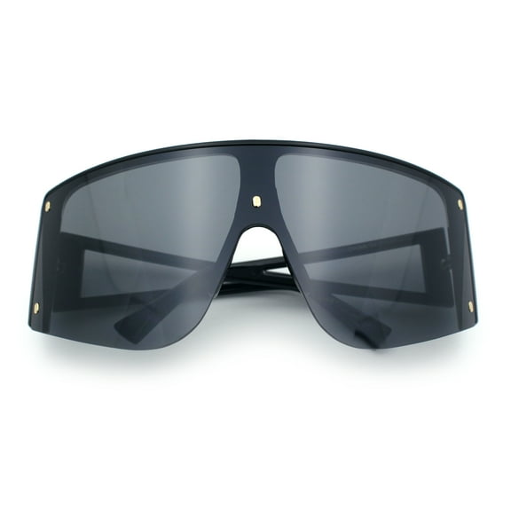 Womens Oversized Shield Curved Wrap Flat Top Half Rim Plastic Sunglasses All Black