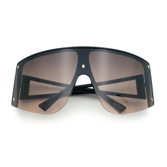 Womens Oversized Shield Curved Wrap Flat Top Half Rim Plastic Sunglasses Black - Brown