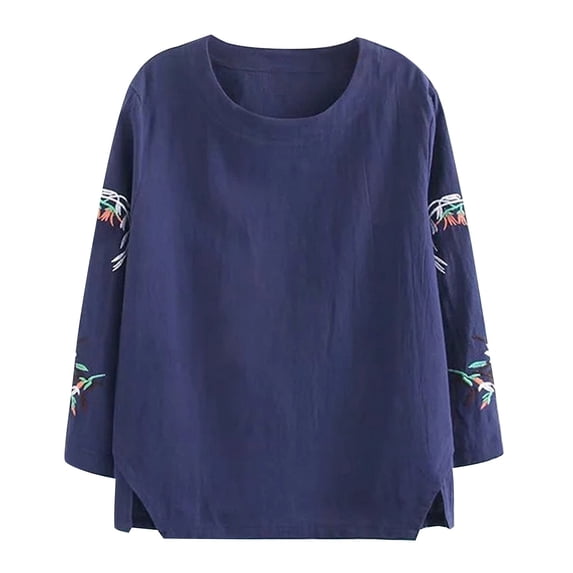 Womens Oversized Shirts Comfort Cotton Embroidered Long Sleeve Loose Tee Summer Spring Shirts for Women Blue L