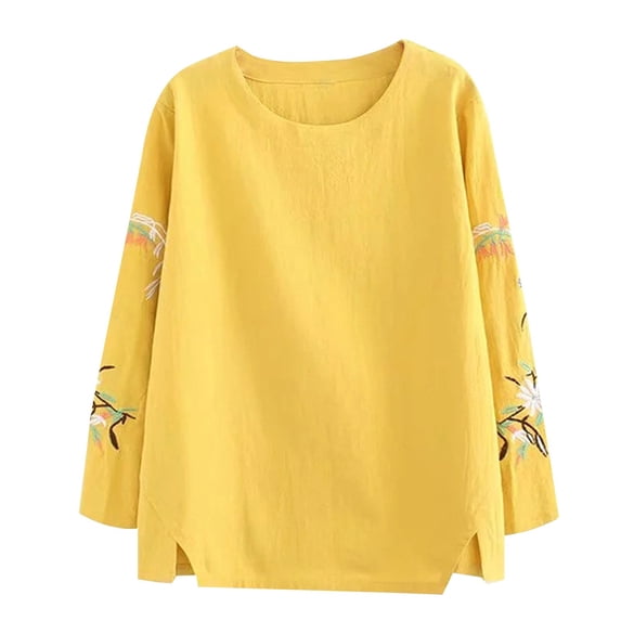Womens Oversized Shirts Comfort Cotton Embroidered Long Sleeve Loose Tee Summer Spring Shirts for Women Yellow Xl