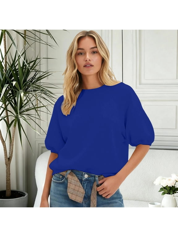Womens Oversized Short Sleeve Sweatshirt Crewneck Puff Sleeve Top Crew Neck, Casual, Loose Fit, Cute Spring Summer Top, Trendy Fashion, Lightweight(Blue,M)