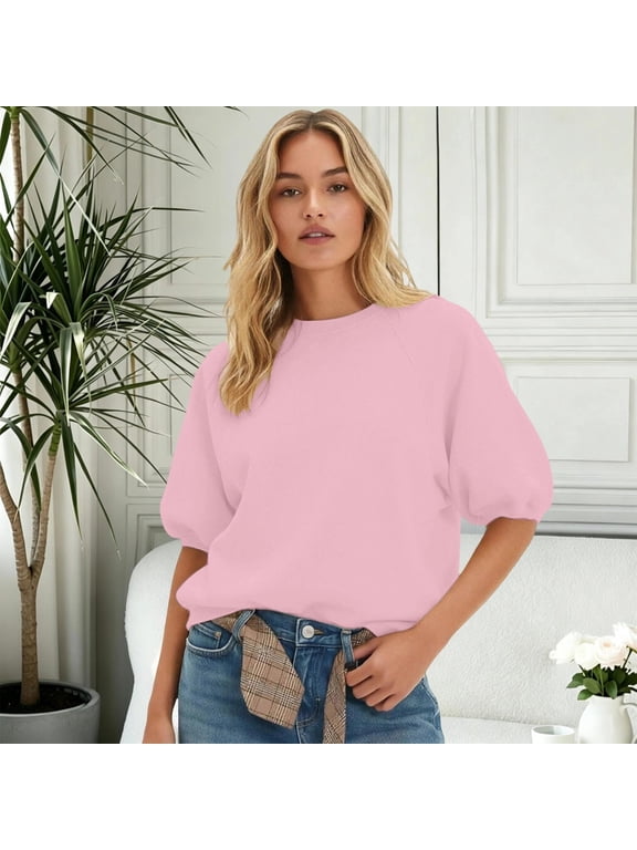 Womens Oversized Short Sleeve Sweatshirt Crewneck Puff Sleeve Top Crew Neck, Casual, Loose Fit, Cute Spring Summer Top, Trendy Fashion, Lightweight(Light Pink,S)