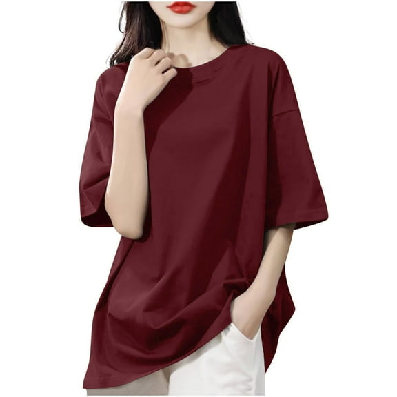 Womens Oversized Short Sleeve T Shirts Short Sleeve Crewneck Drop Shoulder Summer Casual Loose Basic T Shirt Cotton