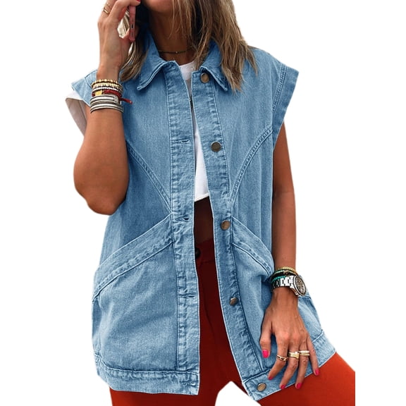 Womens Oversized Sleeveless Denim Vest Classic Button Down Jean Vest Casual Utility Lapel Jean Jacket