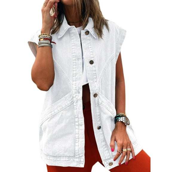 Womens Oversized Sleeveless Denim Vest Classic Button Down Jean Vest Casual Utility Lapel Jean Jacket
