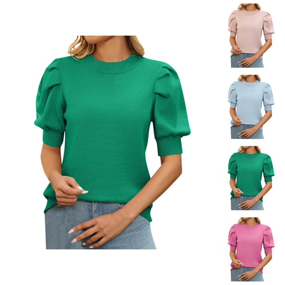 Womens Oversized Sleeveless Sweater Vest for a Cozy Relaxed Feel Casual Women's Short Sleeve Sweater With Round Neck And Puff Sleeves Solid Color Knit Top