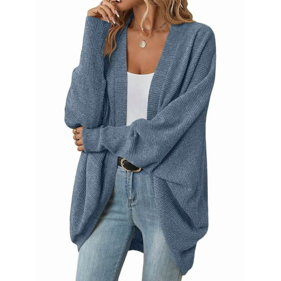 Womens Oversized Soft Knit Cardigan Sweater with Pockets Blue L