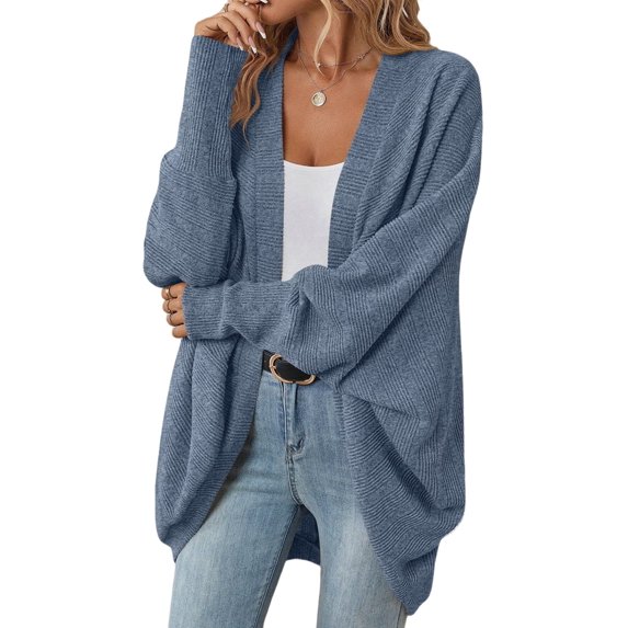 Womens Oversized Soft Knit Cardigan Sweater with Pockets Blue M