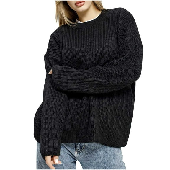 Womens Oversized Solid Color Sweater Henley Long Sleeve Sweatshirt Knit Crew Neck Top Pullover Casual Loose Blouse (Black L)