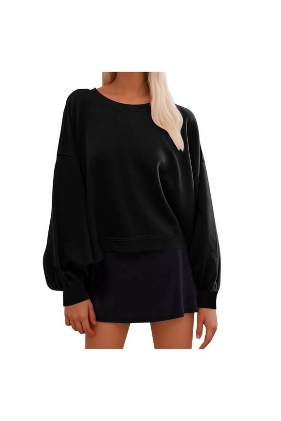Womens Oversized Solid Color Sweatshirt Crew Neck Long Sleeve Pullover Top Casual Loose Fall Sweater Puff Sleeve Winter Blouse (Black M)