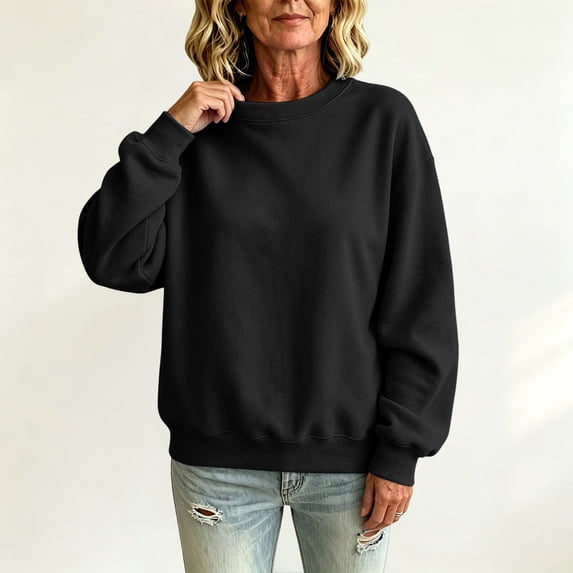 Womens Oversized Solid Crewneck Pullover Loose Fit Long Sleeve Fleece Sweatshirt Casual Airport Trip Daily Fall Winter Fashion Top Black S